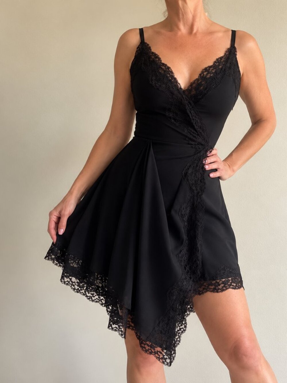 Alexander McQueen Lace Trim Black Draped Asymmetric Dress IT 38 Sz 2 $2,500